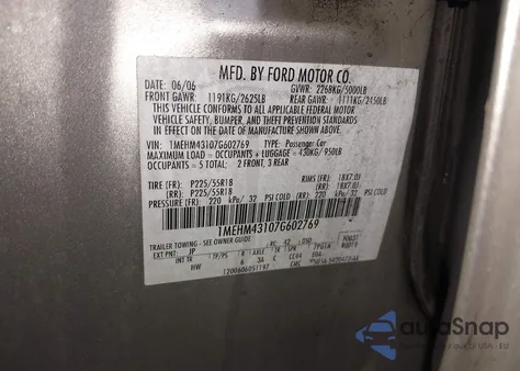 2007 Mercury Montego Premier z USA, uszkodzony, nr VIN 1MEHM43107G602769